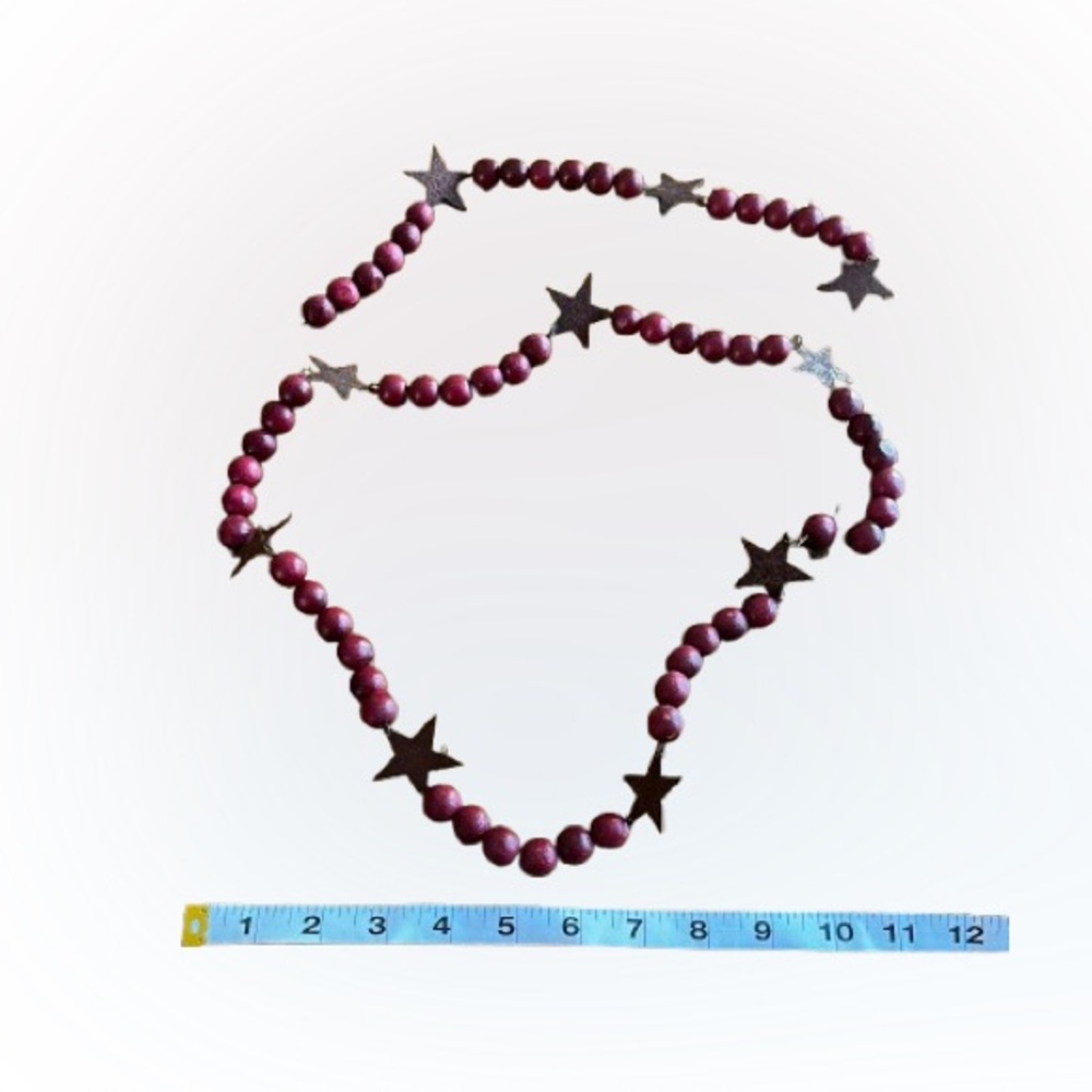 2 Strands Cranberry Red Wood Bead Garland with Brown Metal Tin Trees